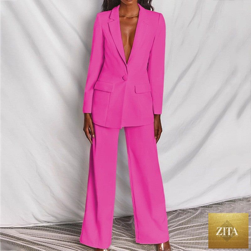 FitiqueFit two-piece blazer and straight-leg trousers suit, featuring a classic lapel button-down blazer and matching tailored trousers.