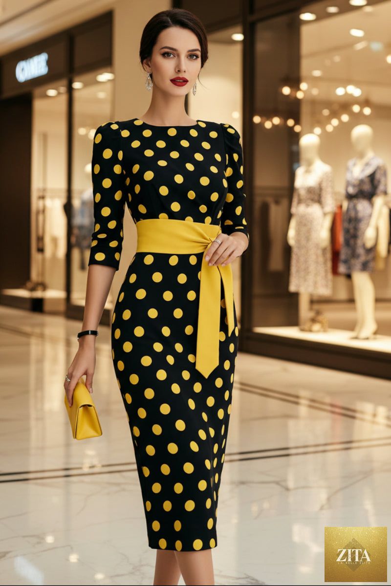 Women's retro polka-dot bodycon midi dress by FitiqueFit featuring a belted cross-tie and casualwear style.