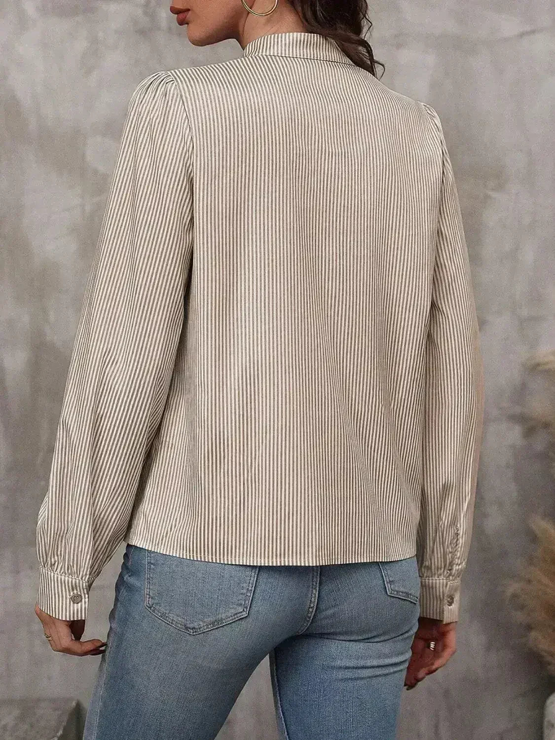 Femstylo striped tie neck long sleeve blouse, featuring a stylish pattern and classic fit, perfect for professional or casual wear.