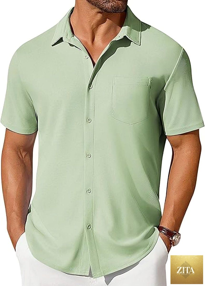 Mandotos men's short-sleeve button-up shirt with wrinkle- and crease-resistant fabric, shown laid flat.