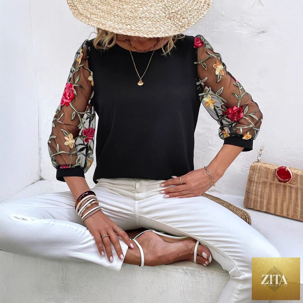 Women's Zita La Belle Elite mesh patchwork three-quarter sleeve casual top with stylish, breathable fabric and chic patchwork design.