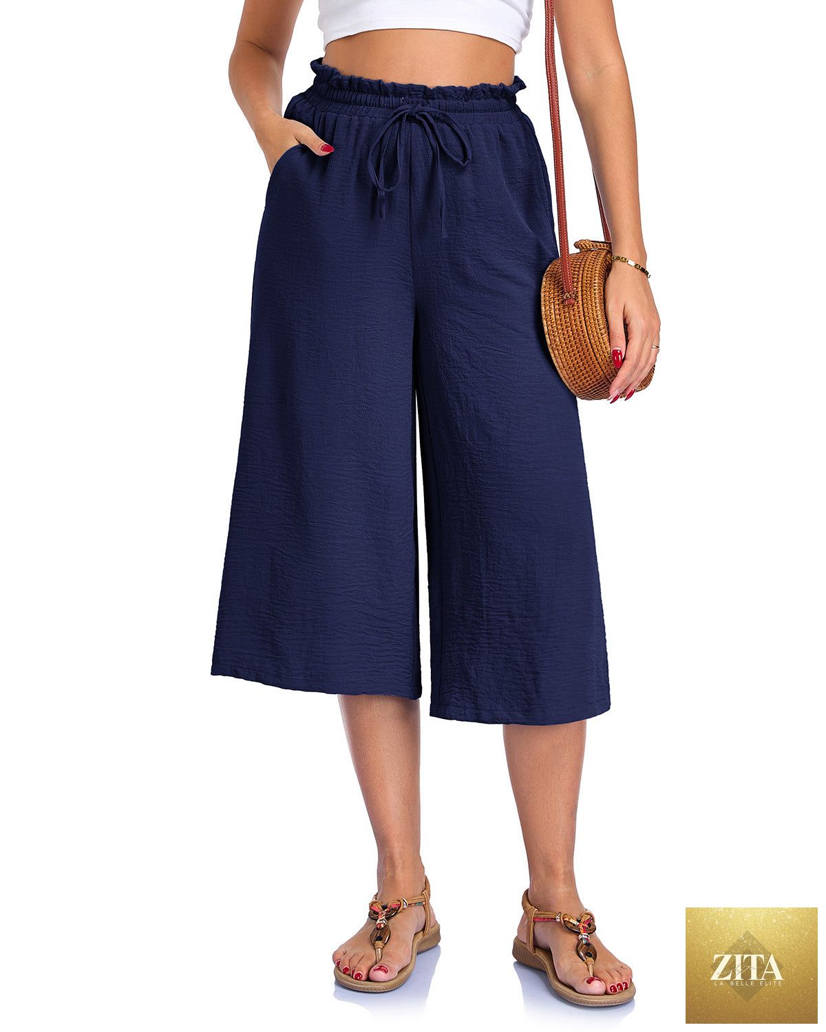 Women’s elastic cropped wide-leg pants by Zita La Belle Elite, casualwear with a relaxed fit and wide-leg silhouette.