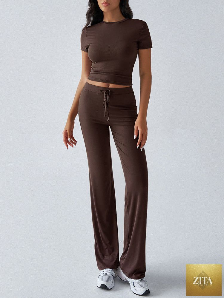 Zita La Belle Elite crew neck short sleeve top and full-length pants two-piece set in solid color, displayed in multiple colors.