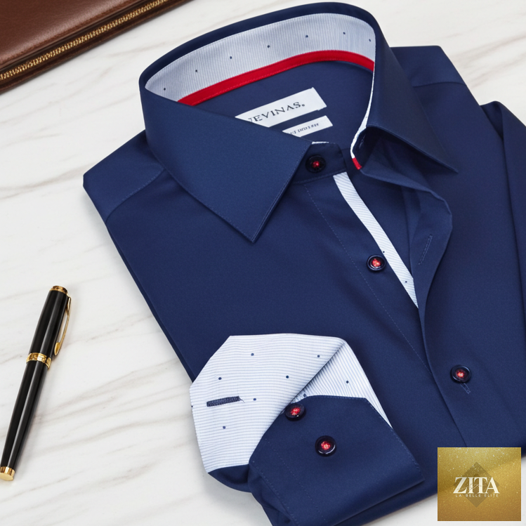 LEVINAS® navy Alexander button-up shirt with contrast details, contemporary fit, long sleeves, and classic collar.