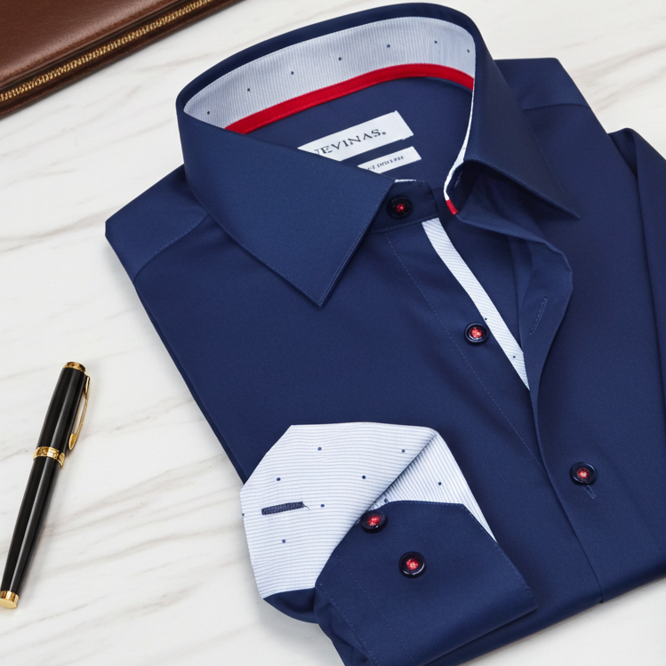 LEVINAS® navy Alexander button-up shirt with contrast details, contemporary fit, long sleeves, and classic collar.