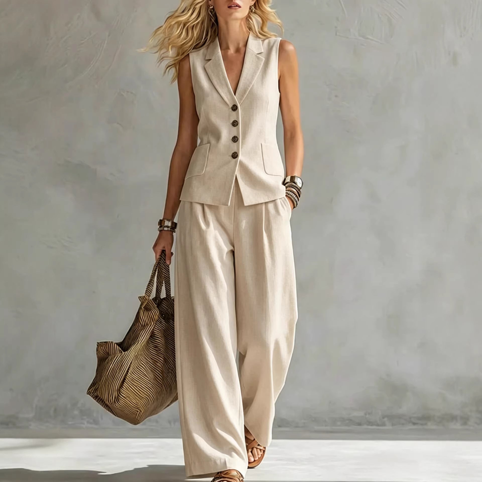 Women's linen sleeveless tank top and full-length pants set by FitiqueFit, casualwear in natural linen fabric, stylish and comfortable.