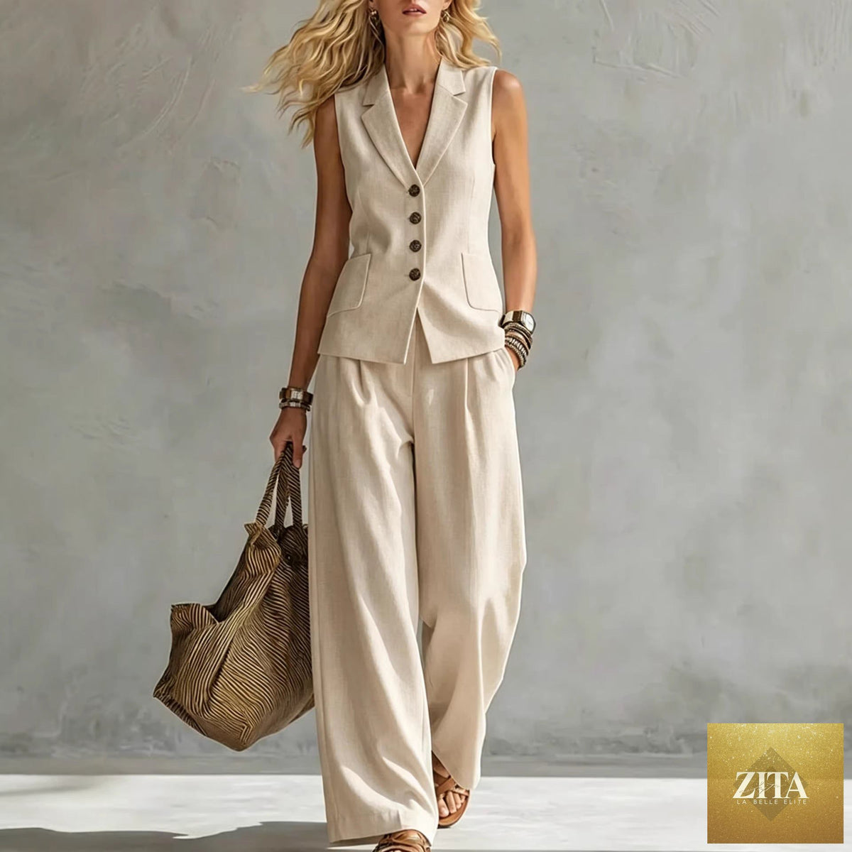 Women's solid linen sleeveless tank top and full-length pants set by Zita La Belle Elite, casualwear with a relaxed fit.