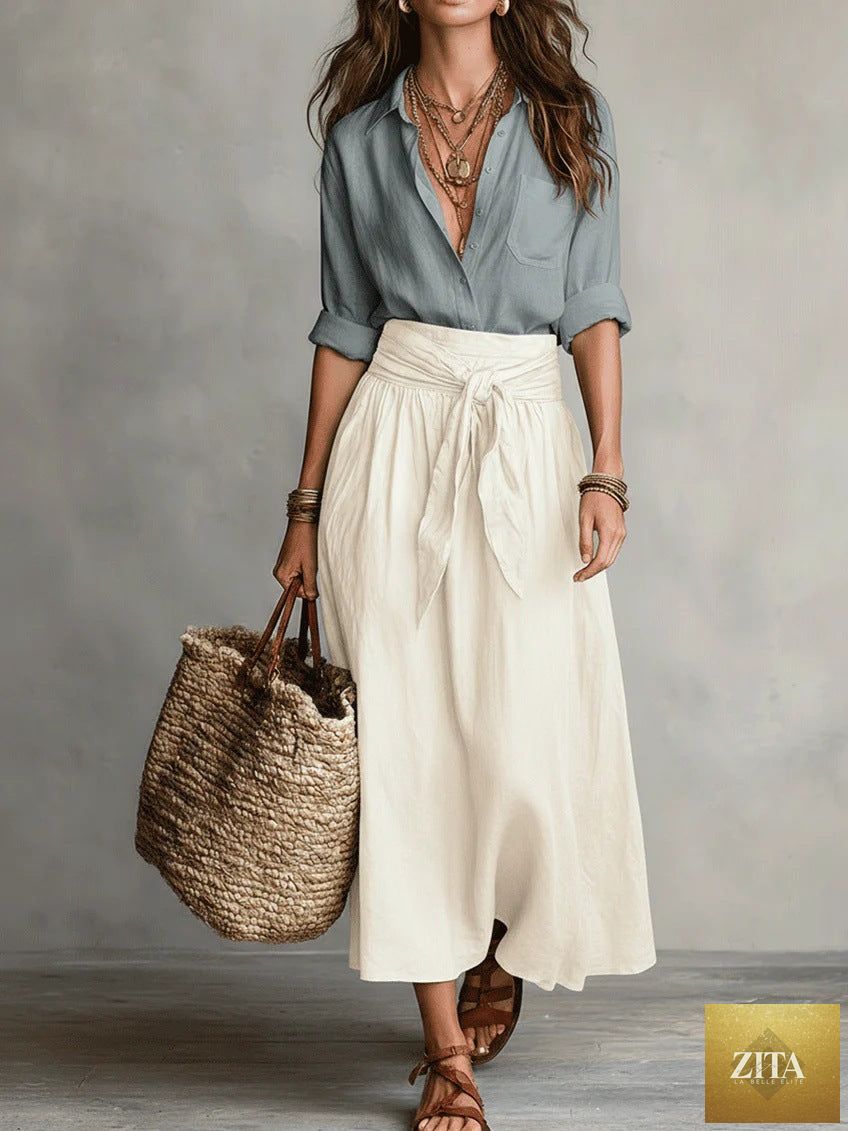 FitiqueFit button-down shirt and straight skirt two-piece set, featuring a stylish, coordinated outfit with classic design and clean lines.