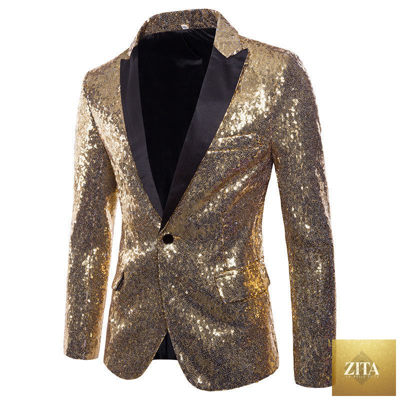 Men's banquet stage costume bar sequin suit jacket in black with shimmering sequins, designed for performances and special events.