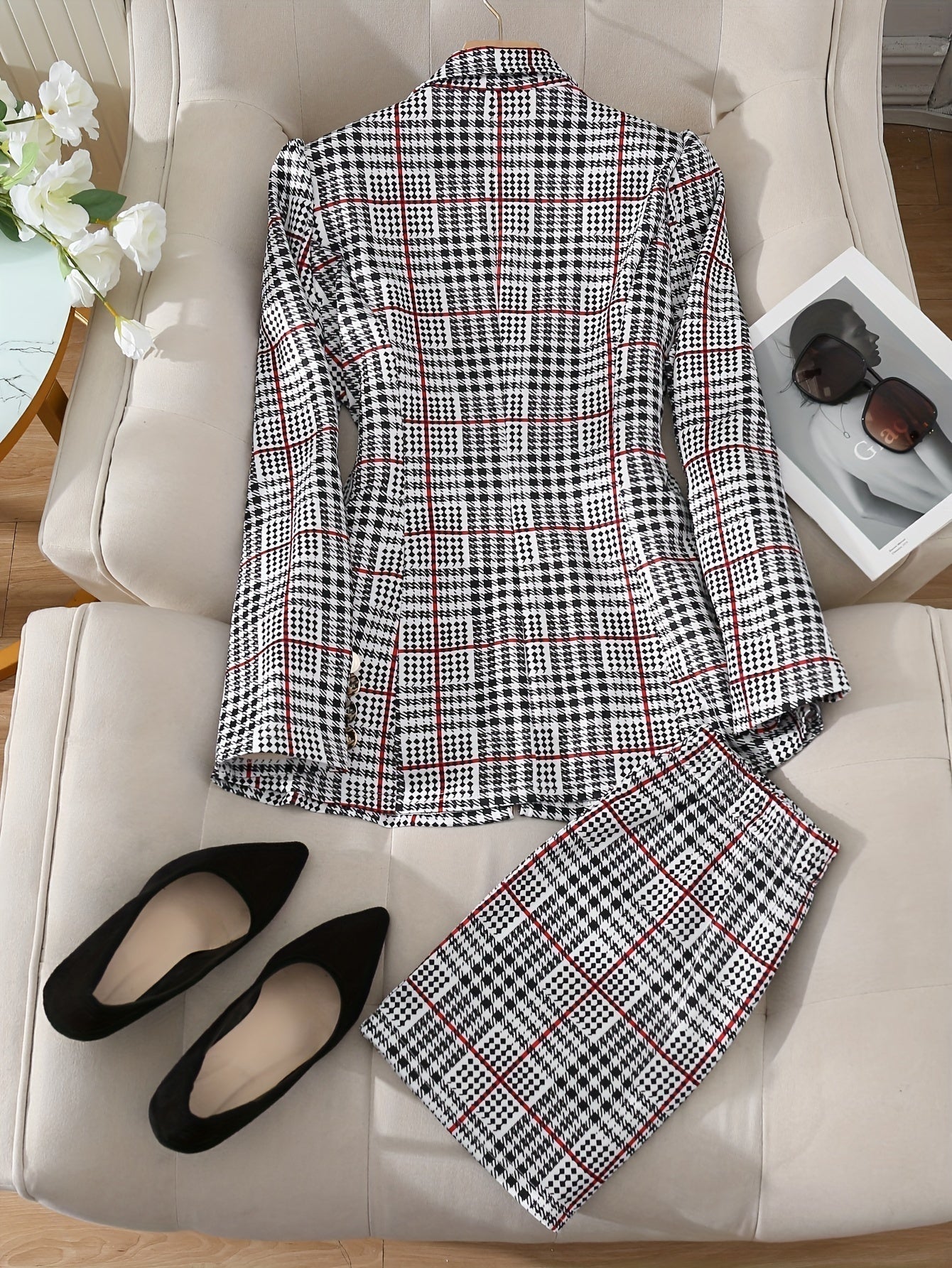 Plus size plaid skirt suit for women featuring a blazer and high waist skirt, ideal casualwear by FitiqueFit.