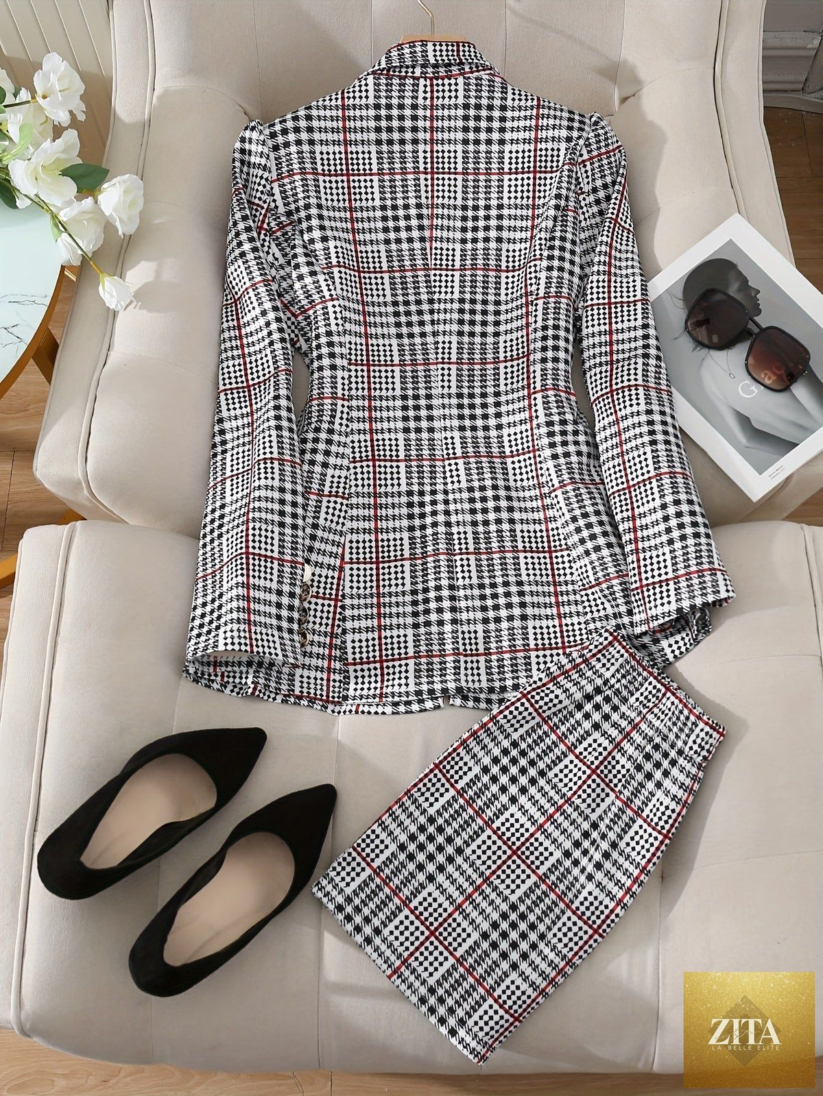 Plus size plaid skirt suit for women featuring a blazer and high waist skirt, ideal casualwear by FitiqueFit.