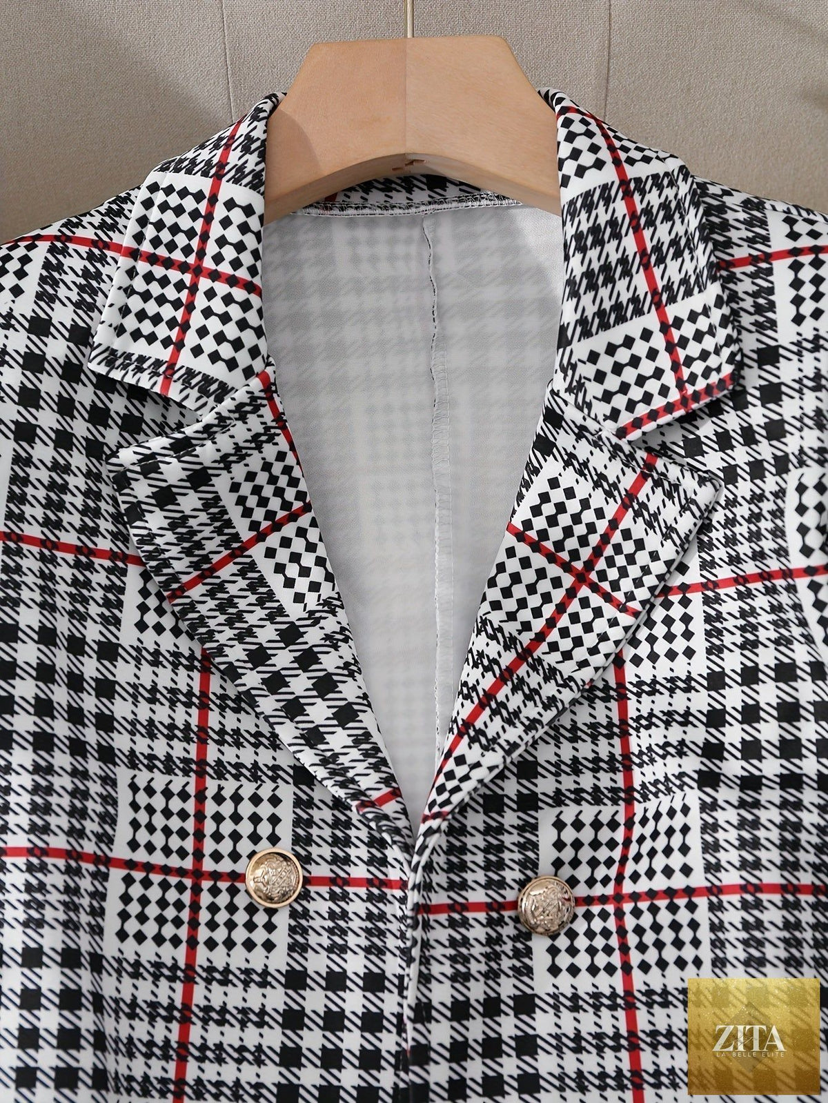 Plus size plaid skirt suit for women with blazer and high waist skirt, casualwear by FitiqueFit, shown on a model.