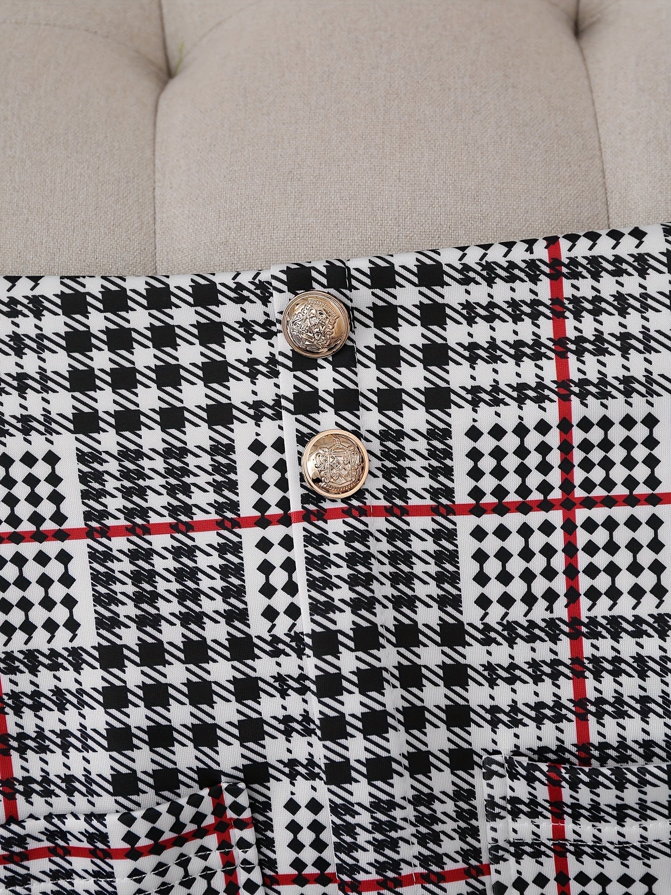 Plus size plaid skirt suit for women by FitiqueFit, featuring a two-piece blazer and high-waist skirt set in casualwear style.