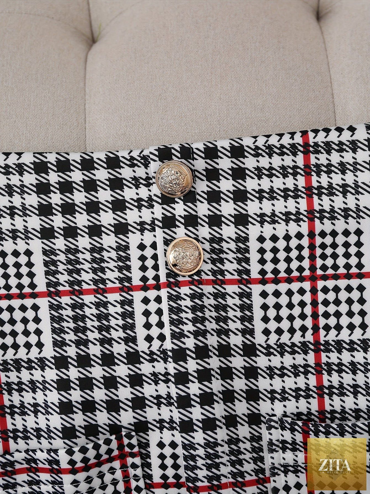 Plus size plaid skirt suit for women by FitiqueFit, featuring a two-piece blazer and high-waist skirt set in casualwear style.