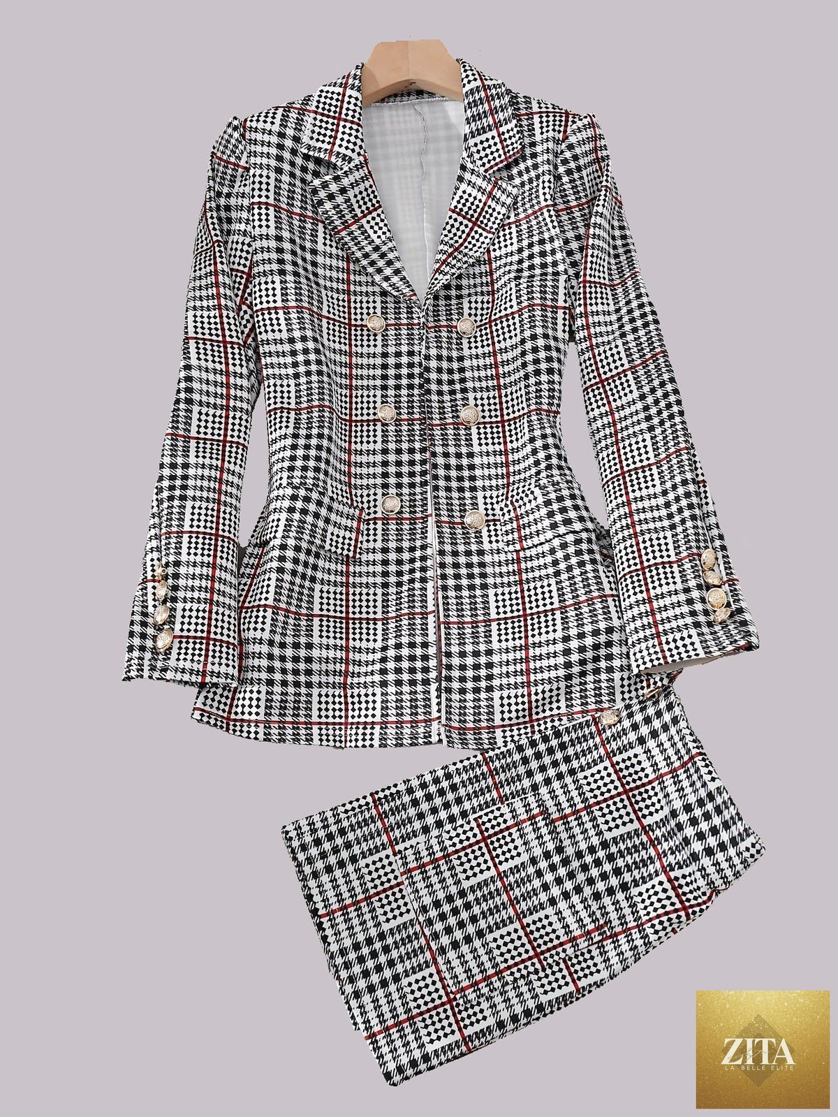 Plus size plaid skirt suit for women, casualwear set with blazer and high-waist skirt, by FitiqueFit, shown on a model.