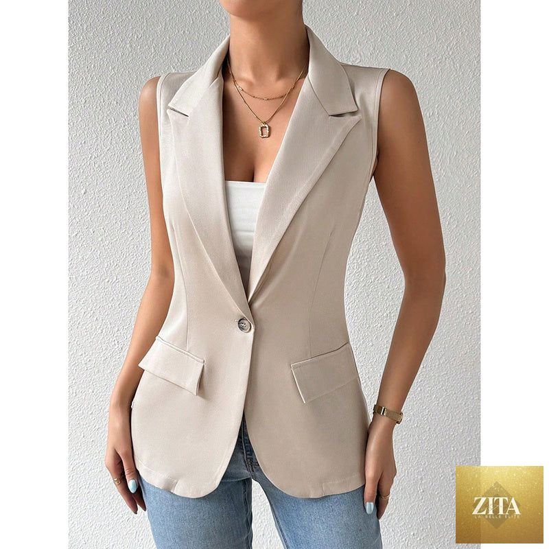 Women's sleeveless blazer vest by FitiqueFit, casual open-front work jacket, stylish office top for professional wear.