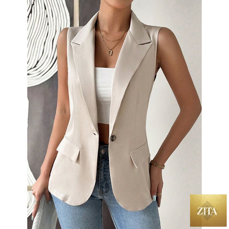 Women's sleeveless blazer vest by FitiqueFit, casual open-front work jacket, suitable for office and casual wear.