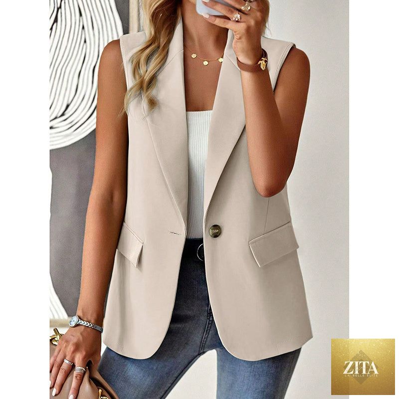 Women's sleeveless blazer vest by FitiqueFit, casual open-front work jacket, stylish office top for women.
