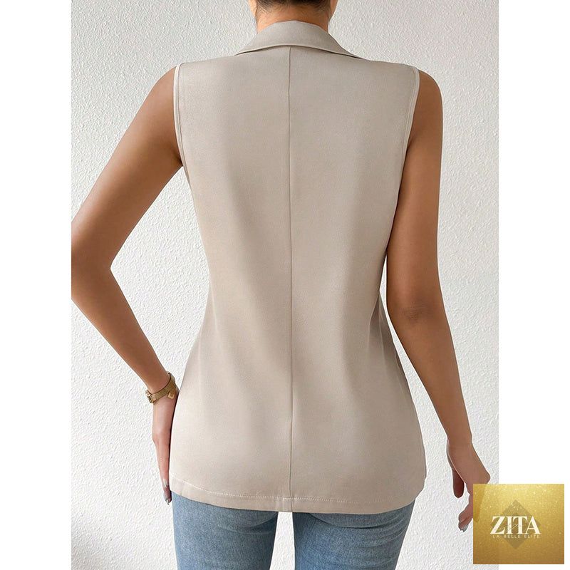 Women's sleeveless blazer vest by FitiqueFit, casual open-front work jacket for office and casual wear.