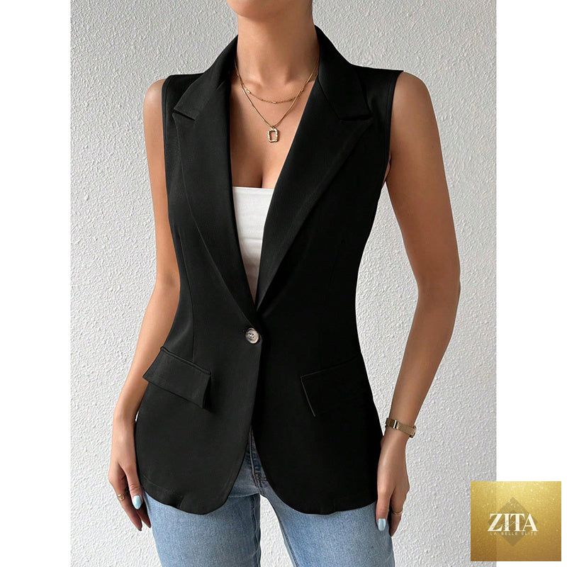 Women's sleeveless blazer vest by FitiqueFit, open front casual jacket for work or office wear, styled as a versatile casual top.