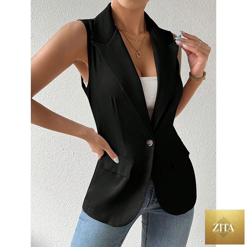 Women's sleeveless blazer vest by FitiqueFit, casual open-front work top, suitable for office and casual wear.