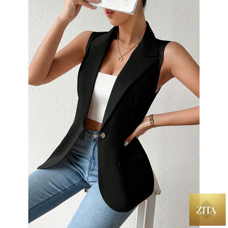 Women's sleeveless blazer vest by FitiqueFit, casual open-front work jacket, suitable for office and casual wear.