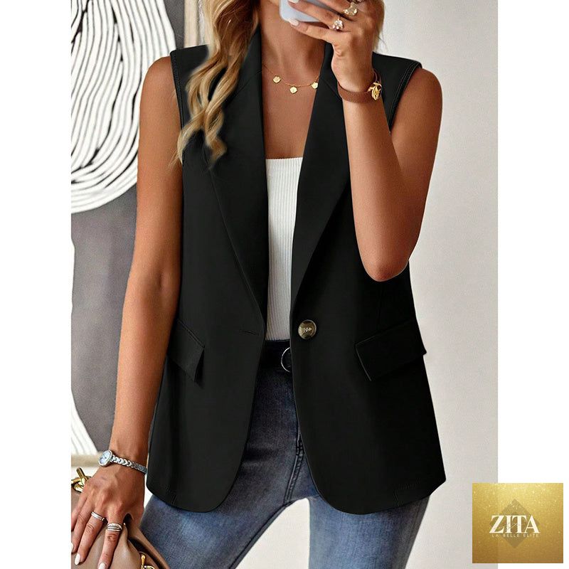 Women's sleeveless blazer vest by FitiqueFit, casual open-front work jacket, stylish office tops for women.