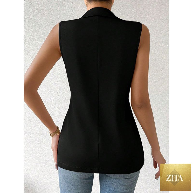 Women's sleeveless blazer vest by FitiqueFit, casual open front work jacket, perfect for office and casual wear.