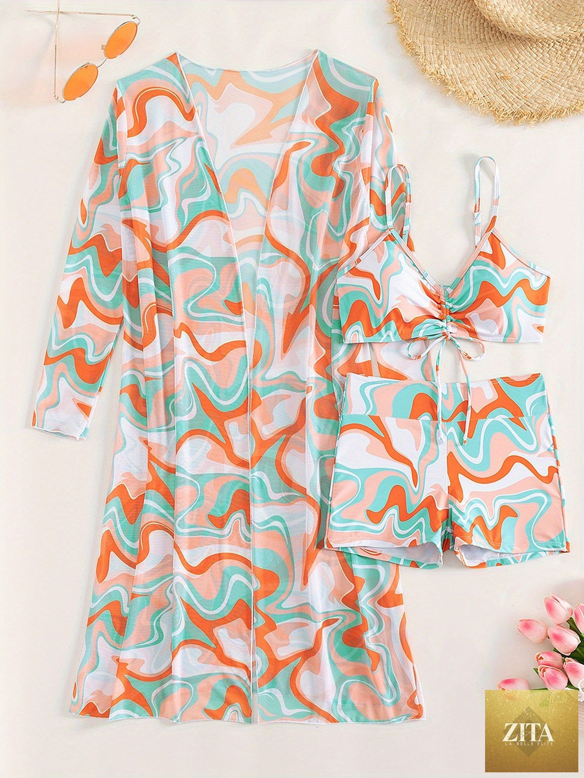 Stevvex Luxe Lines 3-piece geometric bikini set with high-rise drawstring bottoms, boxer shorts, and sheer kimono cover-up for women.