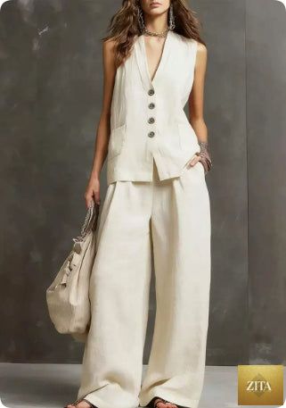 Zita La Belle Elite women's casual sleeveless vest and wide-leg pants two-piece set in various colors, styled for a modern look.