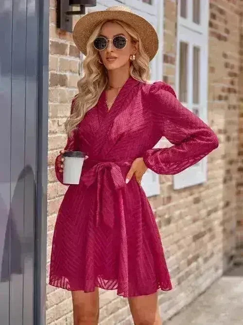 Femstylo long sleeve wrap dress with front tie, showcasing a fitted silhouette and elegant style for women's clothing.