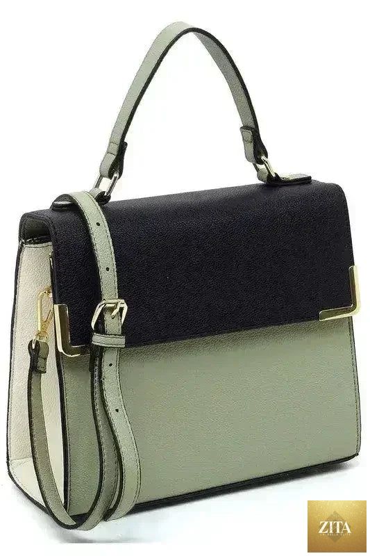 Vegan leather satchel bag with top handle and crossbody strap by Femstylo, featuring a sleek design and sturdy construction.