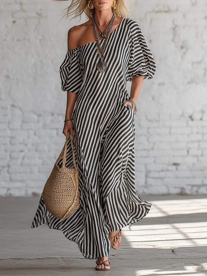 Women's striped off-shoulder midi dress by FitiqueFit, featuring elegant design and comfortable activewear fabric.