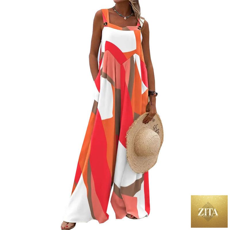 Women's printed sleeveless wide-leg casual pants with a loose fit, featuring colorful patterns and comfortable fabric.