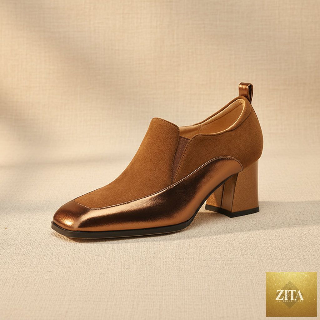 Women's retro cowhide slip-on pumps with square toe and chunky heel, stylish footwear by FitiqueFit.