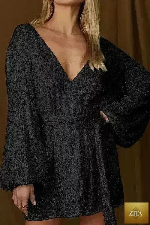 Femstylo women's sequin wrap dress, glamorous and flattering evening gown, with shimmering sequins and elegant design.