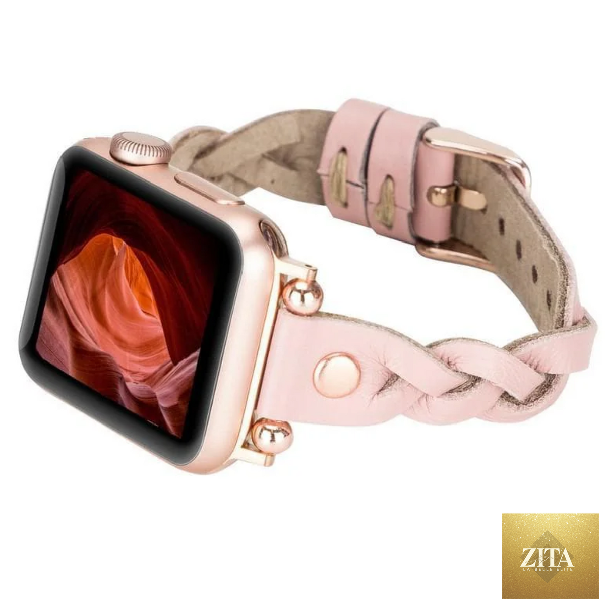 Leather Apple Watch band in pink with braided leather design by LEATHERE, stylish accessory for Apple Watch.