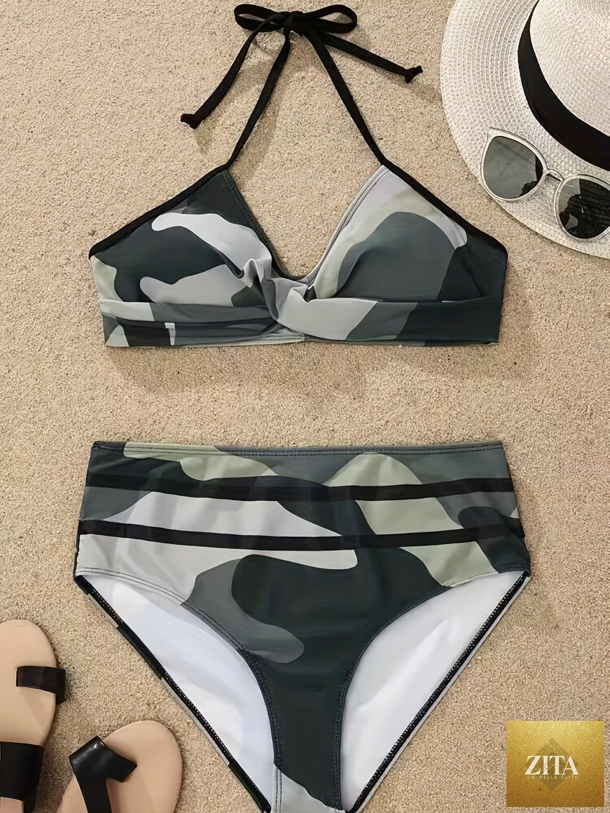 Stevvex camo print high cut halter bikini set with V neck, backless design and ruched detail, perfect for beach and summer vacations.