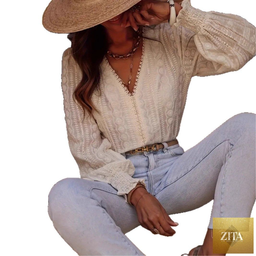 Elegant commuter-style long-sleeve V-neck shirt with lace patchwork, featuring a fashionable and sophisticated design.