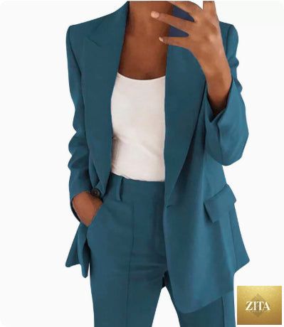 FitiqueFit two-piece suit with lapel blazer and slim-fit trousers, available in 10 colors, shown in size XS.