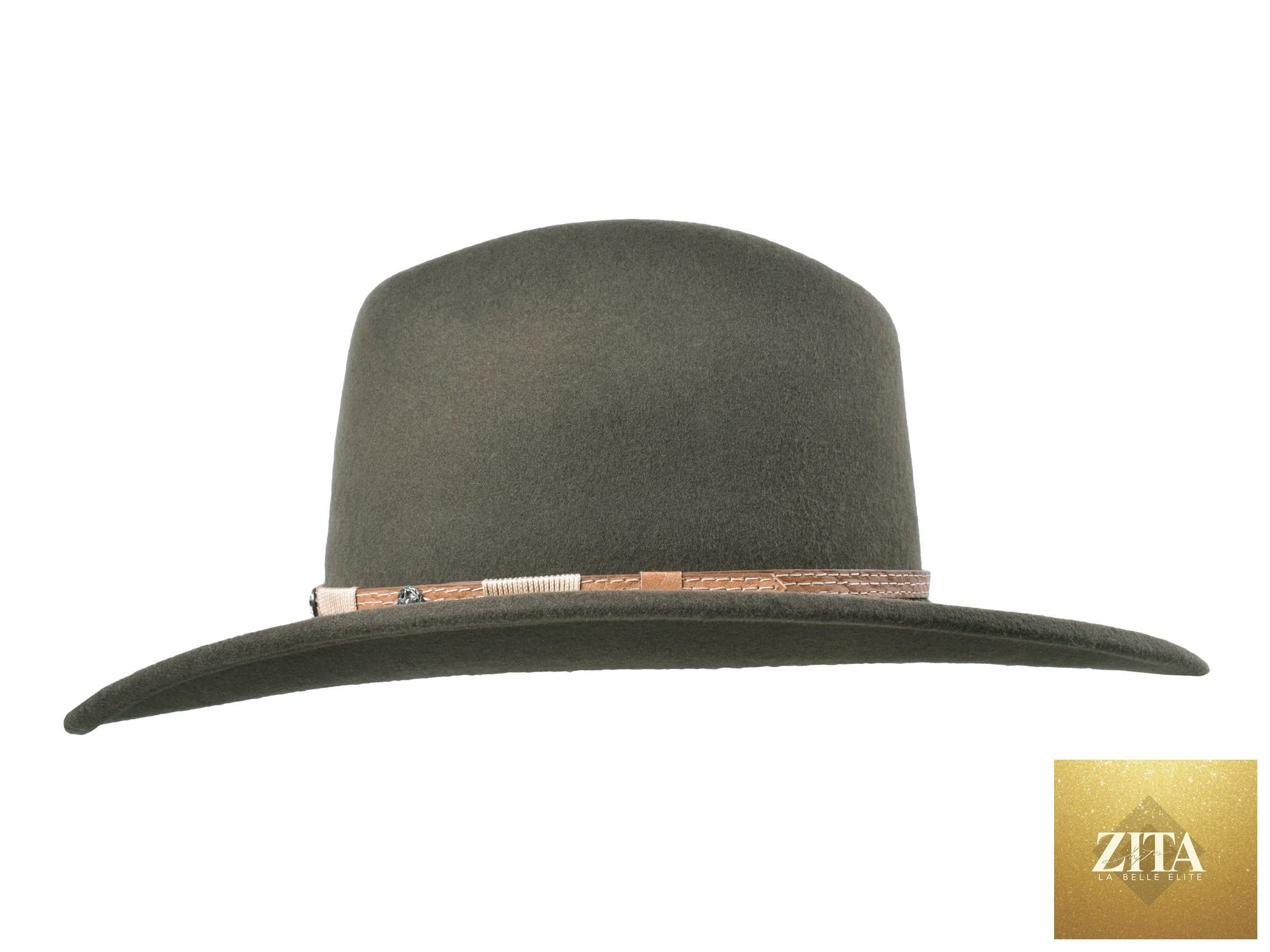 Bigalli Hats USA outdoor felt fedora hat made of merino wool, ideal for long trail adventures, in moss color.