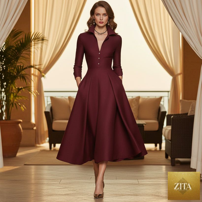 V-neck waist-cinching long sleeve midi dress by FitiqueFit, featuring a fitted silhouette and elegant design.