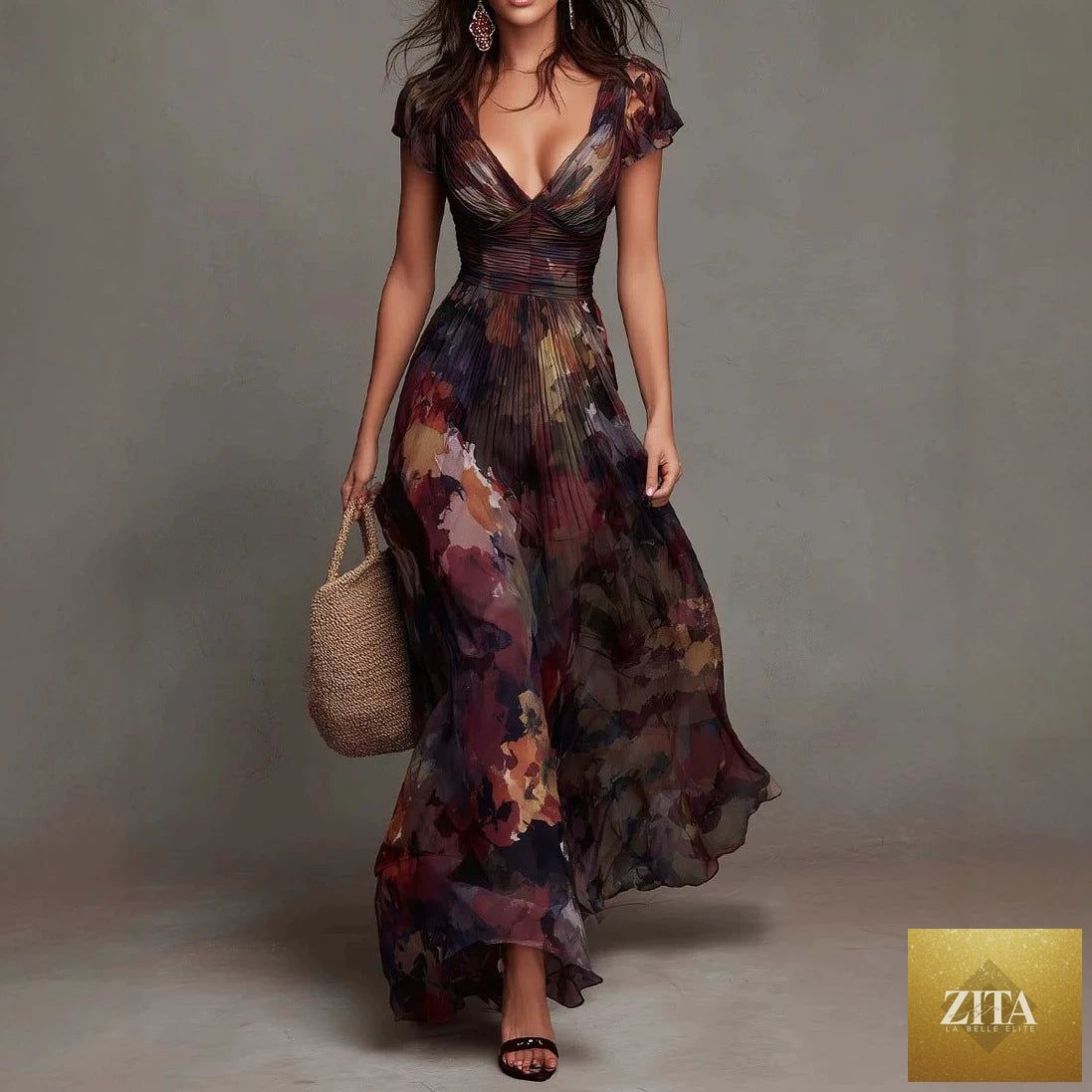 Women's deep V-neck painted print chiffon maxi dress with fitted waist and flowing A-line silhouette by FitiqueFit