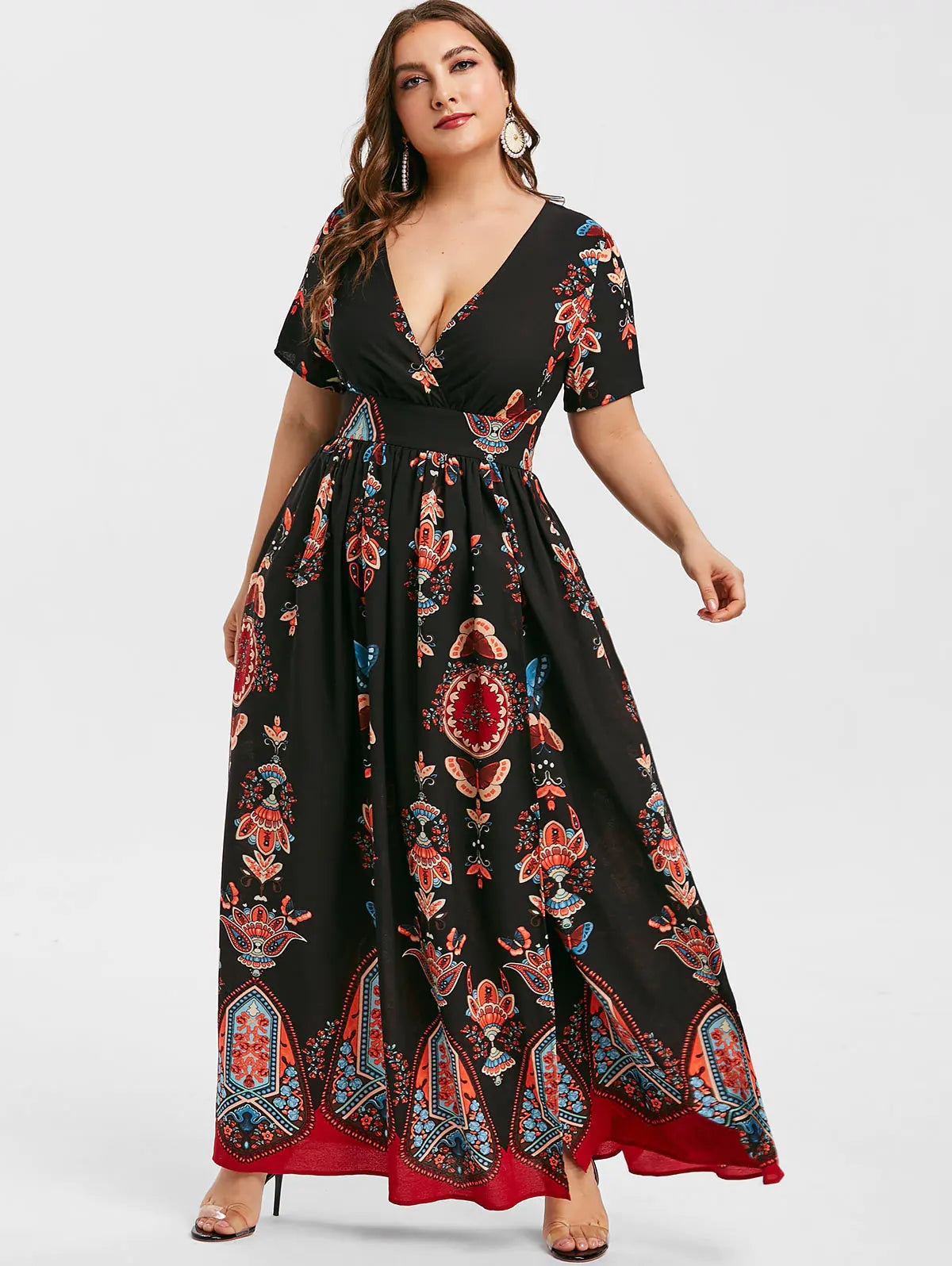 Plus size women's V-neck dress with an elegant, stylish design, featuring a flattering fit and chic details for a fashionable look.