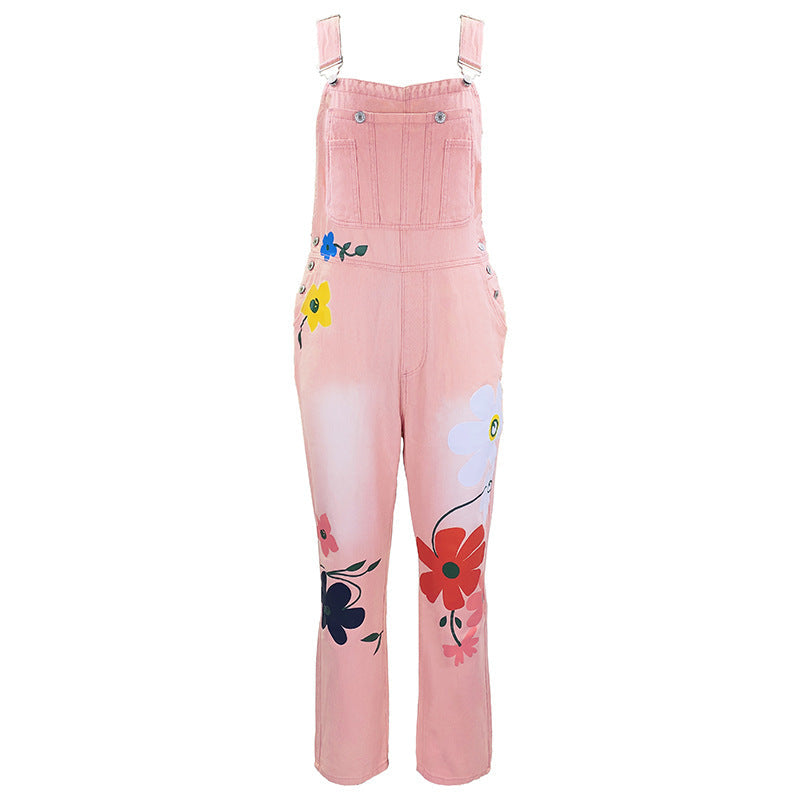 Women’s printed ripped high-waist denim pants by FitiqueFit featuring loose straight-leg fit and distressed design.