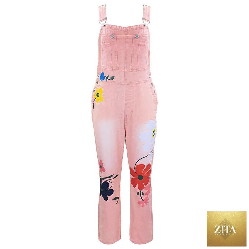 Women's printed ripped loose straight-leg high-waist denim pants by FitiqueFit, featuring a casual fit and distressed details.