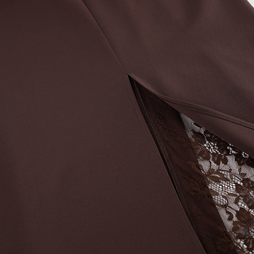 FitiqueFit side slit lace patchwork maxi skirt with flowing fabric and intricate lace details, styled for elegant casualwear.