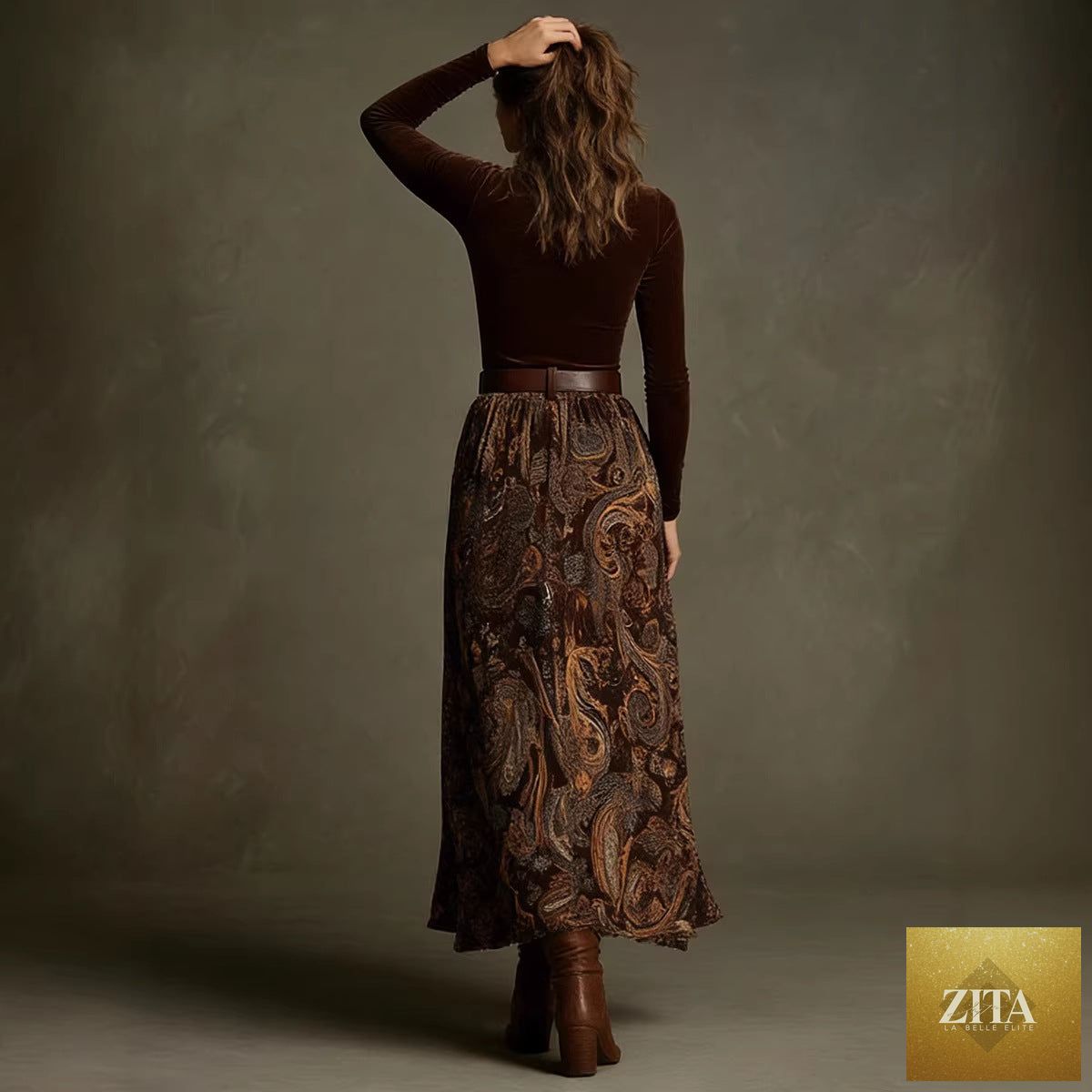 Zita La Belle Elite women's floral print long sleeve skirt set with belt in caramel, casualwear with stylish design