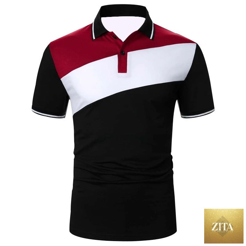 Men's patchwork modern polo shirt by Stevvex with casual and business style, featuring a fitted design and patchwork pattern.