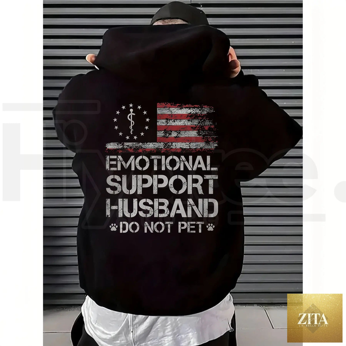 Emotional Support Husband USA flag graphic apparel by Zita La Belle Elite, featuring a bold flag design on a comfortable shirt.